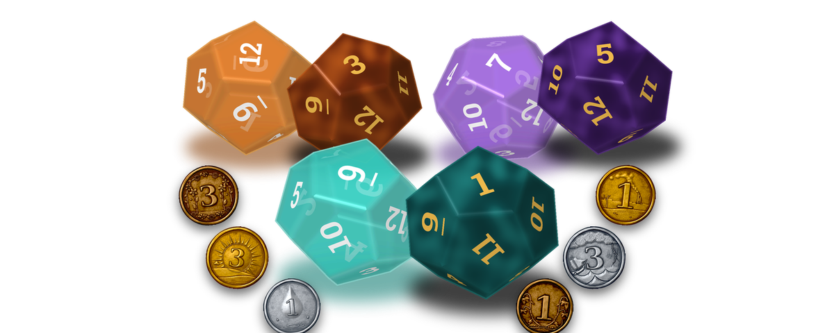The Fortune die showing 12 and the Doom die showing 1, with the six coins round them